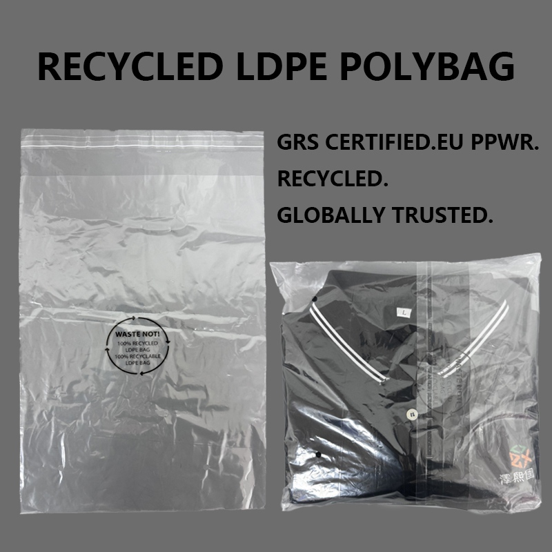 Cuidíonn Polybag LDPE Athchúrsáilte Saincheaptha le Brandaí Faisin Pacáistiú Inbhuanaithe a Uasghrádú le Ábhair Athchúrsáilte Deimhnithe GRS